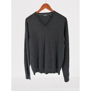 Saks Fifth Avenue V-Neck Sweater Extra Fine Merino Wool Gray Knitted Pullover Si